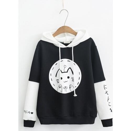 Cute Cat Womens Hoodies Pullovers Loose Hooded Tops Cute Student Fall Autumn Color White Black Patchwork