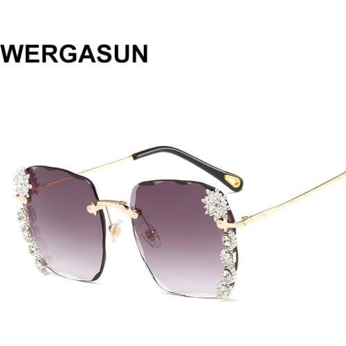 WERGASUN Vintage Rimless Sunglasses Women Big Diamond Brand Designer Gradual Sun Glasses Ladies Female Shades Rhinestone