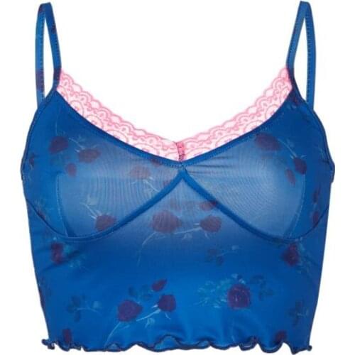 Womens Lace Trim Camisole Sexy Deep V Neck Spaghetti Strap Floral Print Crop Cami Tops