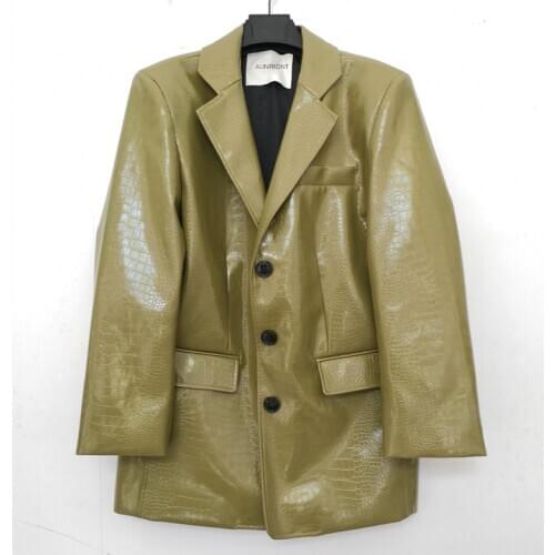 Fashion glossy bright pu leather jackets female retro loose style Crocodile pattern design motor fashion leather coat F812