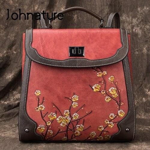 Johnature Handmade Embossing Genuine Leather Backpack 2021 New Vintage Women Bag Casual Nature Soft Cowhide Female Travel Bags