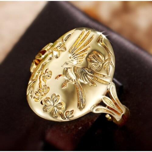 YSDLJG Gold Color Engraved Flower and Bird Pattern Women Rings for Party Handmade Ring Personality Female Statement Jewelry Gift