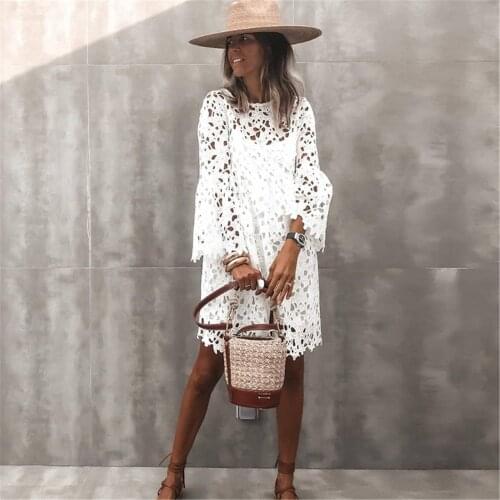 Lace Ruffle Dresses Womens Elegant Summer Hollow Out Flare Sleeves Sundress O-neck White Dress Vestidos Longos De Verao