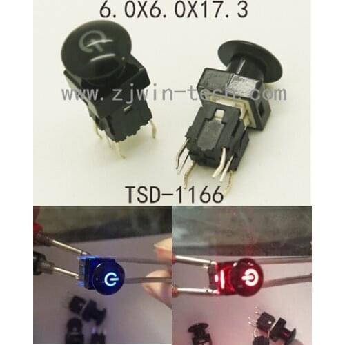10PCS 6*6*17.3MM 6PIN DIP Power Button Switch with Led Blue&Red double light Momentary Tact switch illuminated indication