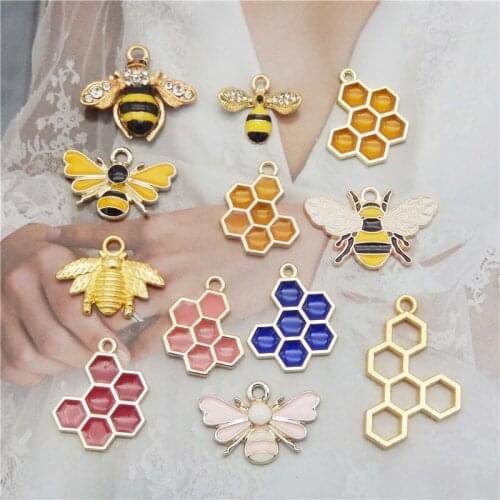 Julie Wang 12PCS Enamel Bee And Honeycomb Charms Mixed Hive Honeybee Pendants Alloy Necklace Bracelet Jewelry Making Accessory