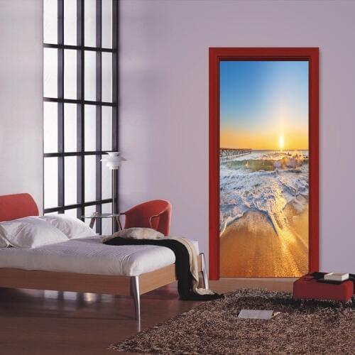 2 Panels Sea Waterfall In Sunrise Art Picture Mural Wall Stickers Door Sticker Wallpaper Decals Home Decoration