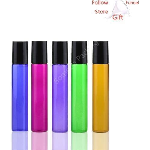 50pcs/lot 10ml Hot sale 10ml Glass roller bottle amber green pink blue purple roll on bottle/vial/glass vial for perfume