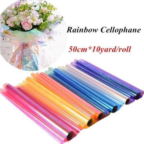 50cm*10yard/roll Rainbow Cellophane Flower Floral Wrapping Paper Candy Cake Cookie Packaging Craft Gift Packing Colorful Roll