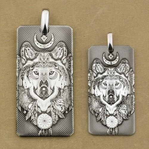 999 Pure Silver Deep Laser Engraved Indian Wolf Dog Tag High Details Mens Biker Punk Pendant 9X031S Just Pendant