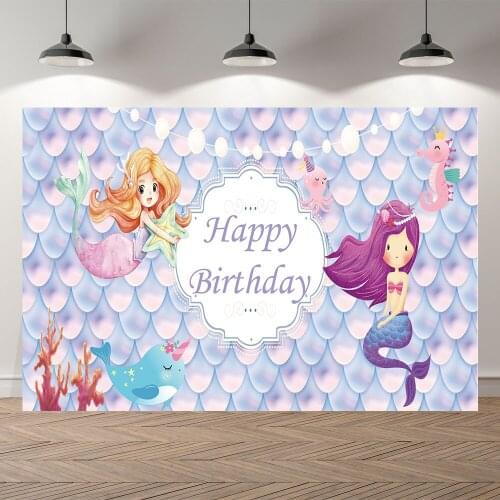 NeoBack Mermaid Princess Seahorse Fish Scale Coral Photography Backdrop Baby Shower Birthday Party Photo Background Banner