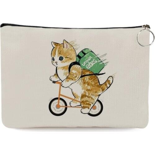 Women Canvas Cosmetic Bags Cute Cat Funny Cartoon Harajuku Graphic Print Travel Portable Storage Pouch Makeup Toiletry Bags
