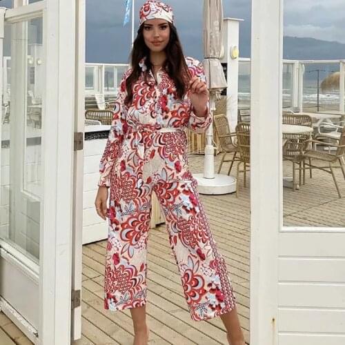 Klkxmyt Za Women 2021 Chic Fashion With Sashes Totem Print Jumpsuits Vintage Long Sleeve Button-up Female Playsuits Mujer