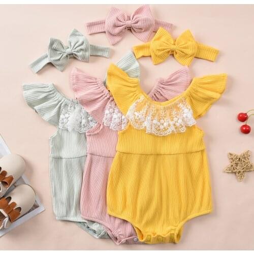 0-12M Newborn Baby Girl Sweet Playsuit+Headband Summer Flower Lace Ruffle Off Shoulder Solid Color Romper 2pcs Outfit