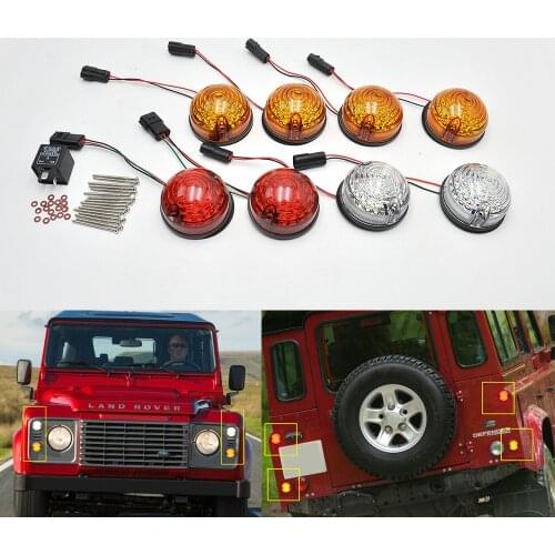 For Land Rover Defender 90/110 Led Light Update Kits Amber/White Indicatior Front Side & Red Rear Stop Tail Lamp 8pcs 73mm