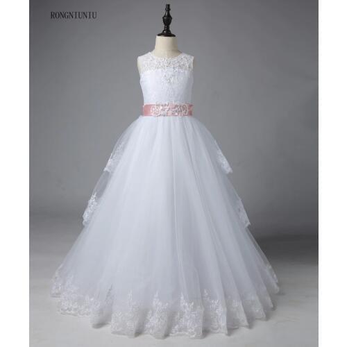 Ivory White Lace Flower Girls Dresses 2019 Ball Gown Belt Floor Length Girls First Communion Dress Princess Dress