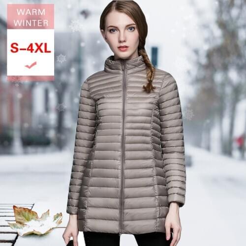 4xL New Winter Women Long White Duck Down Jacket Female ultra Light Slim Thin Casual Warm Down Coat Windproof Lightweight Parka