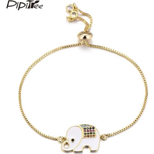 Pipitree Copper Cubic Zirconia Lovely Animal Elephant Bracelet Femme Adjustable Chain White Enamel Charm Bracelets Jewelry Gift