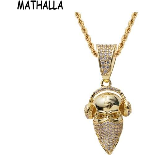 MATHALLA Trendy Hiphop Jewelry Micro Paved Masked Earphone Skull Pendant Men and Women Necklace Jewelry