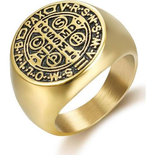 7-15 Catholic Patron Saint St Benedict of Nursia Holy Medal Cross Ring Men Stainless Steel Jewelry VRSNSMV SMQLIVB NDSMD CSSML