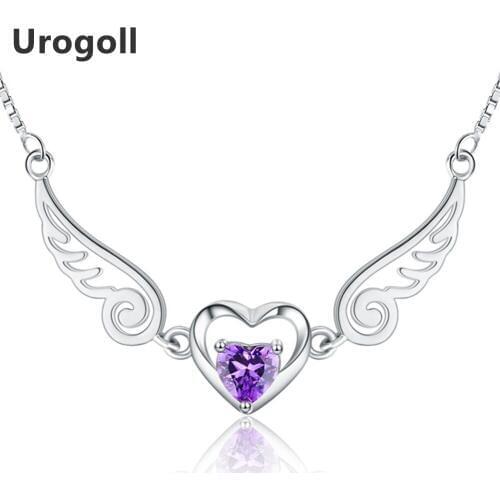 Angel Wings Necklace 925 Sterling Silver Jewelry Romantic Purple Crystal Heart Necklaces For Women Fine Jewelry Gifts