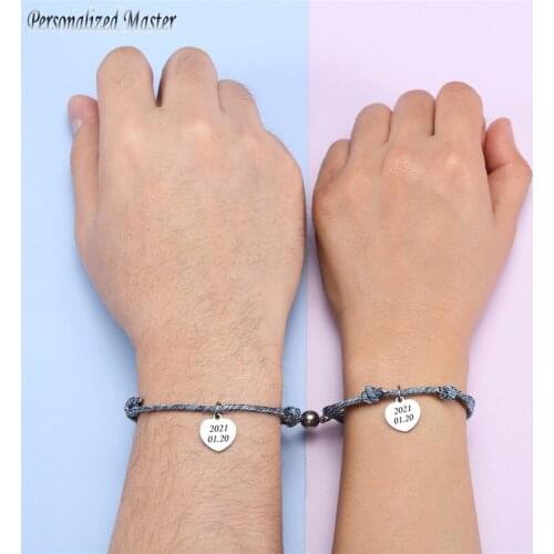 Personalized Master Customized Heart Tag Stainless Steel Bracelet Magnet Attracting Ball Adjustable Rope Couple Friends Bracelet