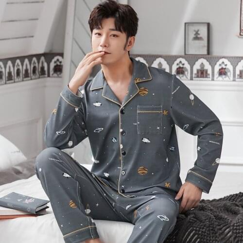 2021 Autumn 100% Cotton Long Sleeve Pajama Sets for Men Korean Print Sleepwear Suit Pyjama Male Loungewear Homewear Home Clothes