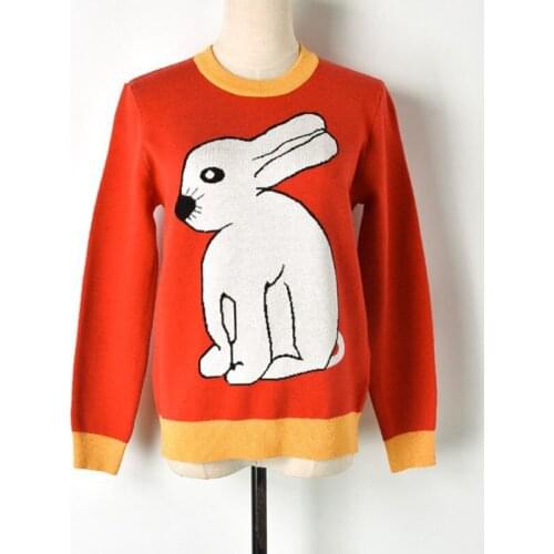 Runway Pullover Cartoon Rabbit Jacquard Sweet Knitted Sweater O-neck Long Sleeve Fashion Red Cute Jumper