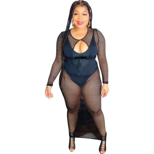 RStylish Sexy Mesh See Through Beach Bikini Women Hollow Out Long Sleeve Cover Up Dress+Bodysuit Two Piece Sets