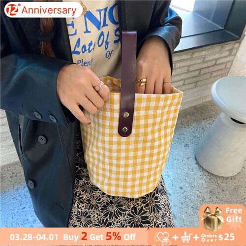 Retro Plaid Womens Canvas Shoulder Bag Simple Portable Ladies Lunch Bento Handbags Girls Student Small Tote Purse Bucket Bags