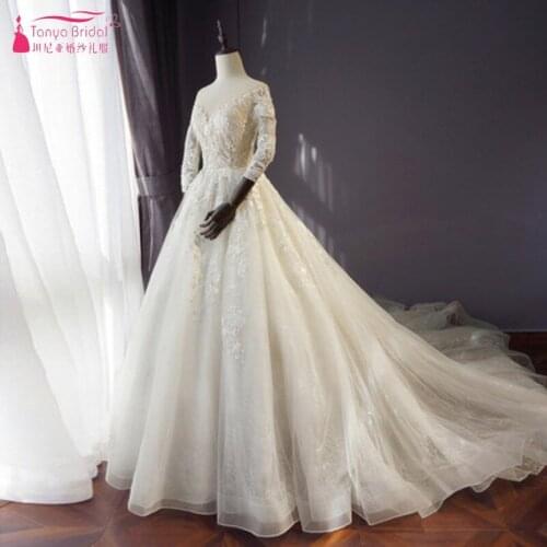Long Sleeves A Line Lace Tulle Wedding Dresses vestido de noiva Long Train Bridal Dress Muslim Wedding Dress DQG522