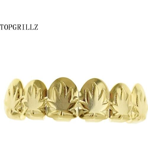 TOPGRILLZ Maple Leaf Grillz Pot Weed Leaves Rose Gold Color Plated Top & Bottom Teeth Grills Golden Grillz Sets Teeth Caps