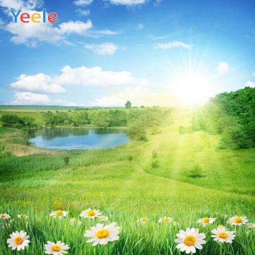 Spring Grassland Flower Sky Cloud Lake Nature Photography Backdrop Vinyl Photographic Background For Photo Studio Photophone