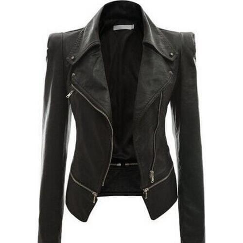 New Women Autumn Winter Black Faux Leather Jackets Zipper Basic Coat Turn-down Collar Motor Biker Jacket Y239