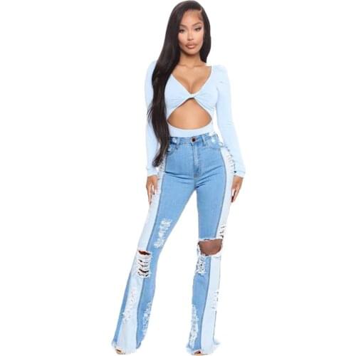 Womens Jeans Flared Long Trousers Fashion Trend Stitching Stretch Ripped Holes Slim Fit Fall New Arrival Ladies Jeans