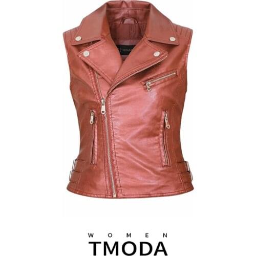 TMODA951 Za 2021 Women PU Faux Leather Sleeveless Red Jackets Ladies Turn-down Collar Zipper Vest Pockets Waistcoat Streetwear