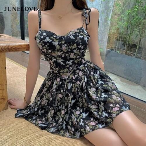 JuneLove Sexy Strap Dress Women Elegant Floral Vintage Boho Chiffon Dresses Casual V-neck Beach Backless Party Dress Summer 2021