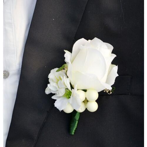 1Piece Handmade Wedding Corsages Groom Boutonniere Artificial Flower White Rose Wedding Prom Party Man Suit Brooch Accessories