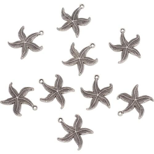 Pandahall 100pcs Zinc Alloy Pendants Starfish Charms for Necklace Chain Jewelry Making DIY Antique Silver Color 26x23.5x3mm