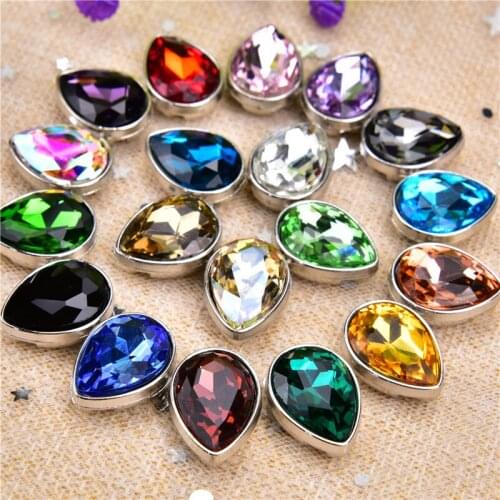 15Pcs Drop Shape Glass Rhinestone 4Holes Silver Base Sew On Teardrop Crystal Stone Strass Diamond Buckle Wedding Dress Decor