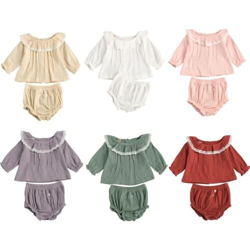 Sweet 0-24M Infant Baby Girl Clothing Cotton Linen 2pcs Spring Flower Lace Ruffle Collar Long Sleeve Top+Triangle Shorts