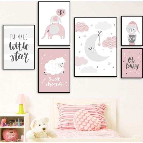 Abstract Pink Elephant Sheep Animal Wall Art Poster Moon Star Cloud Print Quotes Canvas Painting Nordic Baby Kid Girl Room Decor