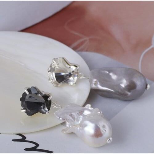 Baroque pearl shell small diamond asymmetric long earrings