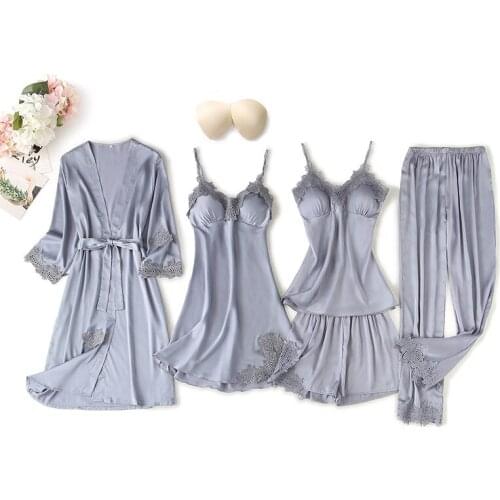 5Pcs Satin Sleepwear Lady Pajamas Suit Nighty&Robe Set Sexy Intimate Lingerie Casual Bridal Wedding Gift Homewear Nightgown