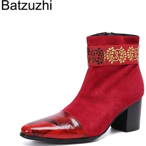 Batzuzhi Heels Boots 7.5cm HighMen Pointed Toe Black Suede Leather Ankle Boots Men Zip Motorcycle Botas Hombre, Big Size US6-12