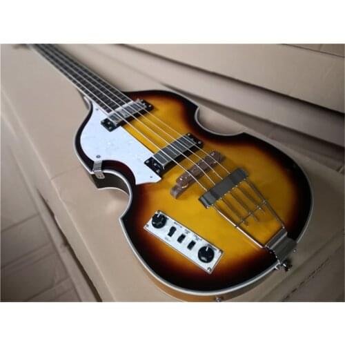 Free shipping custom 4 string BB2 guitar bass ,semi hollow bass,sunburst body chrome pickups,pearl shell inlay