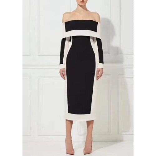 Long sleeve long dress ruffled slash neck line bandage dress celebrity bandage dresses