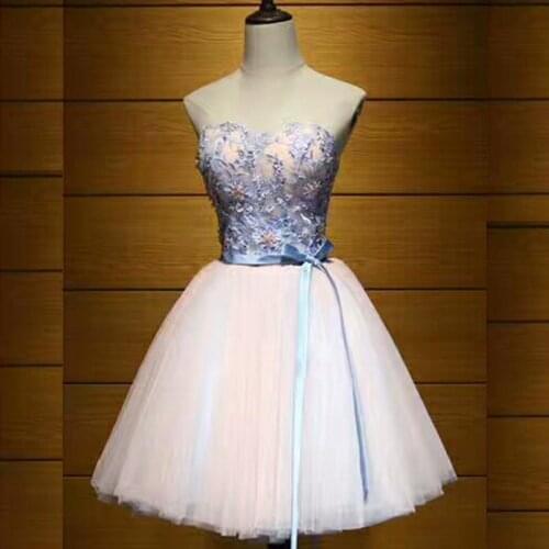 Elegant Pearl Pink Prom Dresses 2021 Sexy Prom Dress Short Strapless Appliques Lace Up Knee-Length Graduation Party Gowns