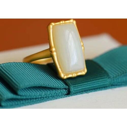 Natural Hetian Jade Geometric Ring S925 Sterling Silver Gold Plated Bamboo White Jade Rectangular Open Ring Fashion Ornament