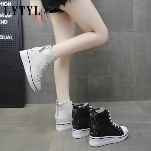 Women High Top Canvas Shoes New White Fashion Casual Sneakers Students Walking Shoes Flats Thick Sole Shoes For Ladies B20-113