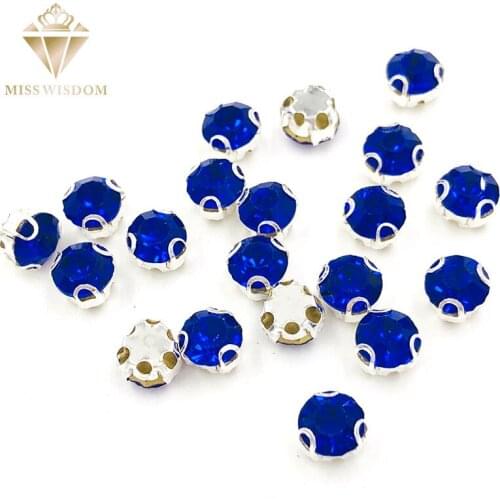 Hot sale Royal blue round shape 3D claw rhinestone strass Glass Crystal sew on rhinestones High quality diy clothing accessories
